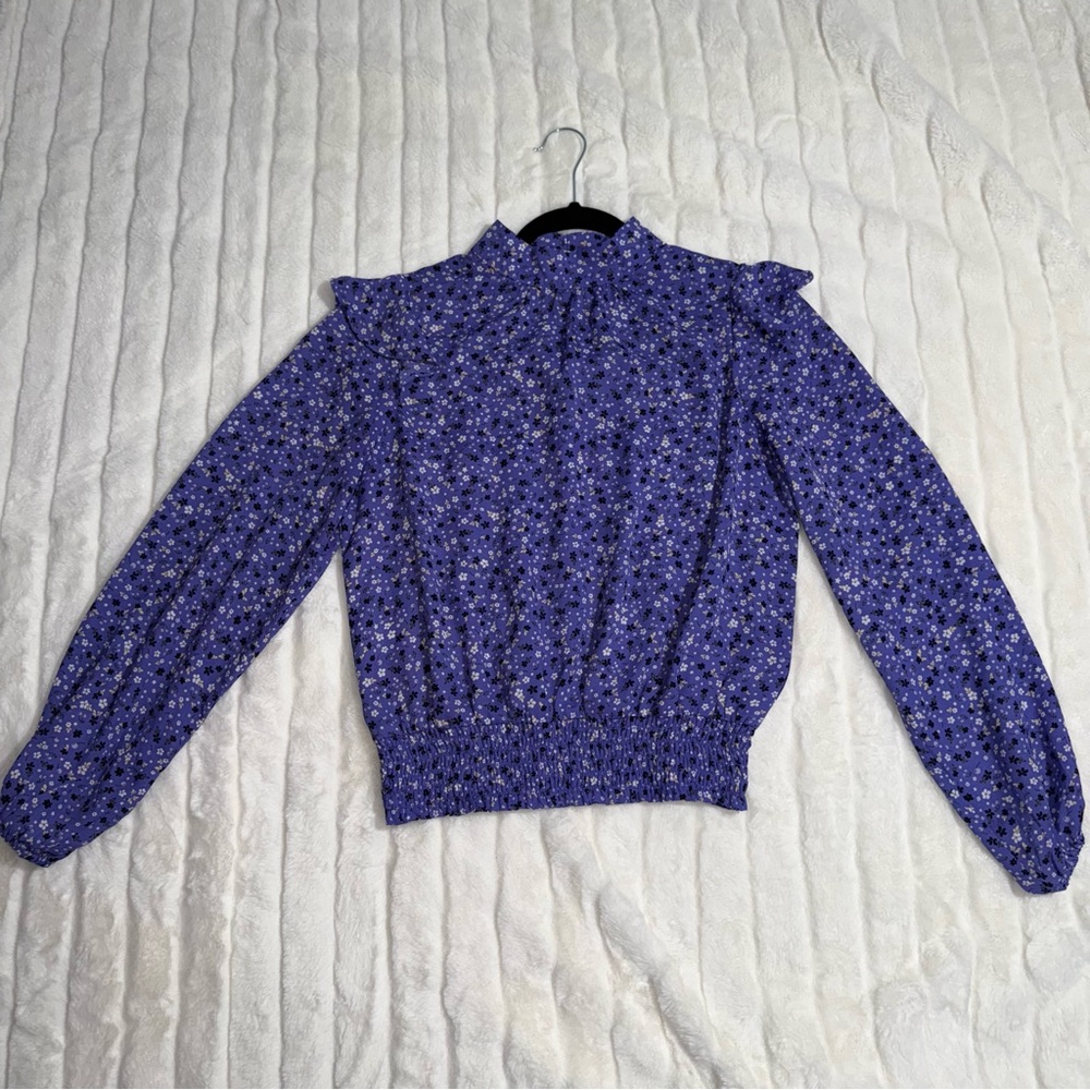 LOFT ‎ Purple Floral Mock Neck Ruffle Long Sleeve Smocked Peplum Top XS